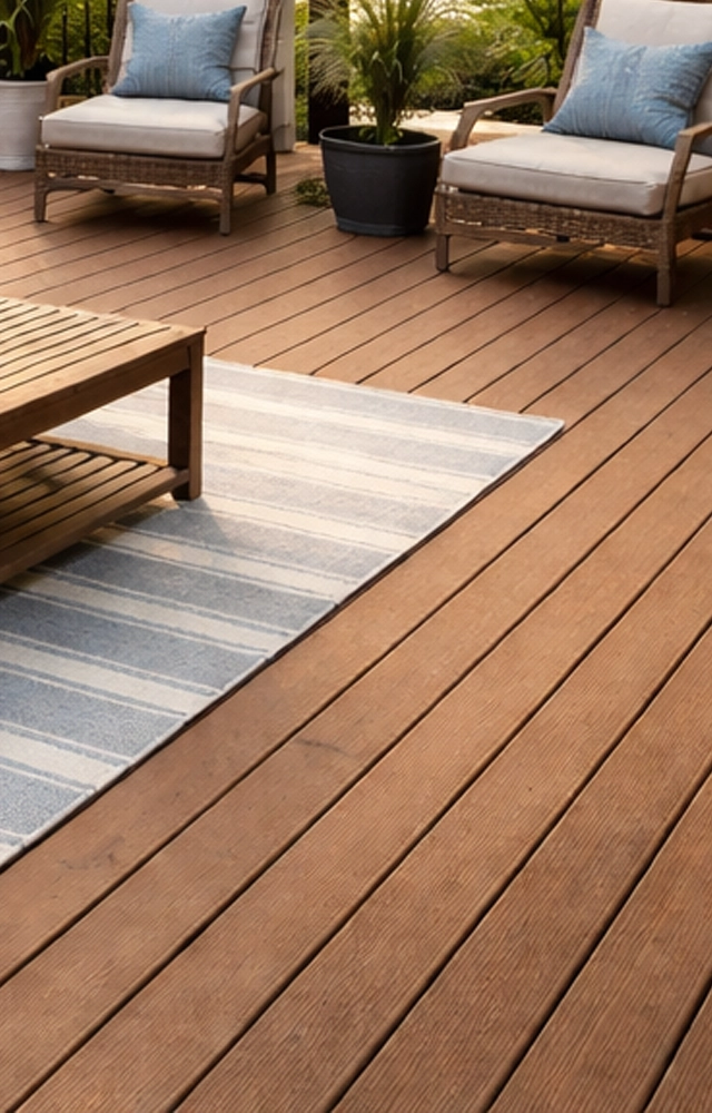 Close-up of a warm-toned timber deck with wicker lounge chairs, striped outdoor rug and potted plants by Red Beard Joinery
